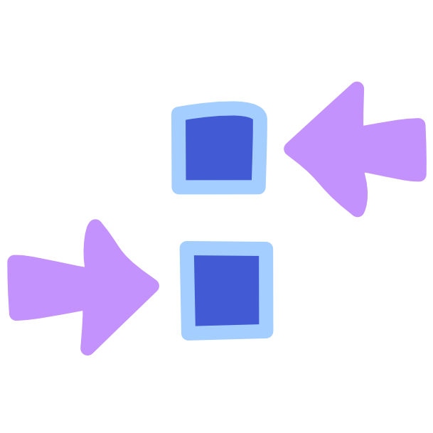 Two blue squares with light line art stacked vertically have light purple arrows pointing at them. The arrow pointing at the bottom square points from the left, the one on the top points from the right.